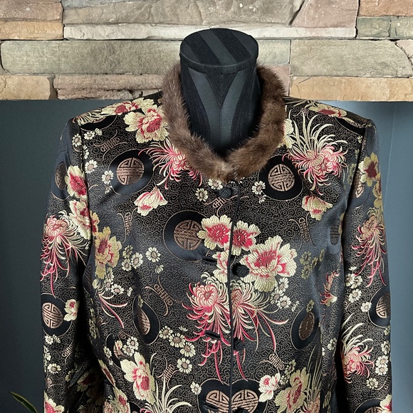 Y2K Brocade Mink Collar Holiday Party Asian Floral Black Brown 12 Doncaster - Picture 3 of 9